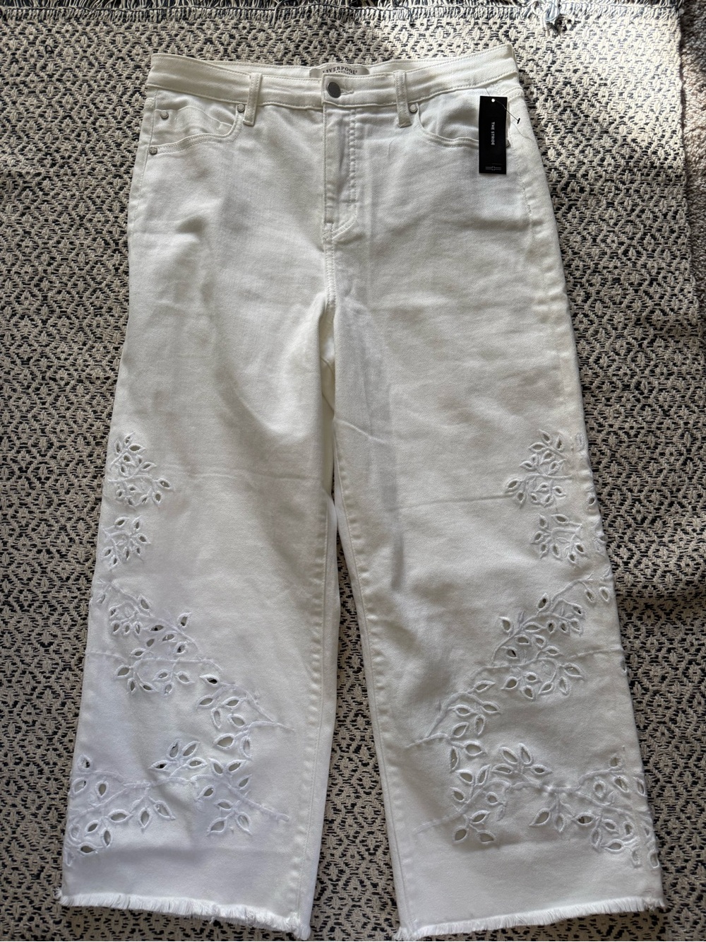 Liverpool White High-Rise Wide-Leg Jeans with Eyelet Floral Embroidery
